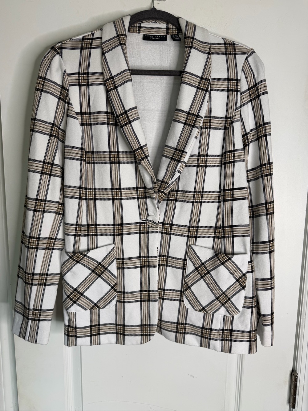 Susan Graver Weekend Plaid Preppy French Knit Shawl Blazer. Size XXS